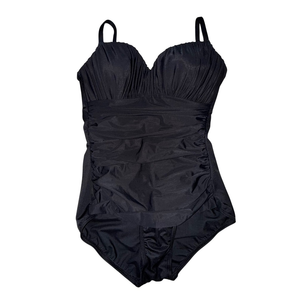 Miraclesuit One Piece Swimsuit 12 Black Ruched Slimming Underwire Sanibel 68460 - Picture 2 of 5